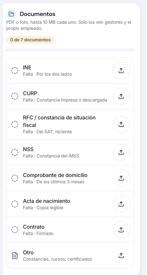 Lista de documentos del expediente con lo que falta y el botón para subir cada uno.