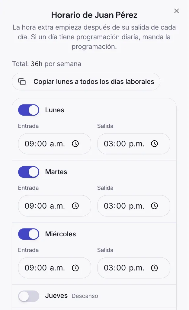 Editor de horario semanal: cada día con interruptor, entrada y salida.