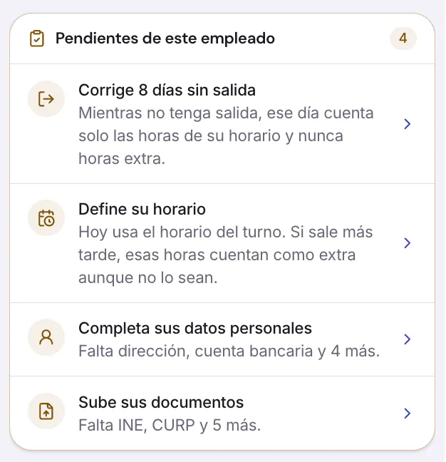 Tarjeta de pendientes de un empleado: días sin salida, horario, datos y documentos, cada uno con su botón.